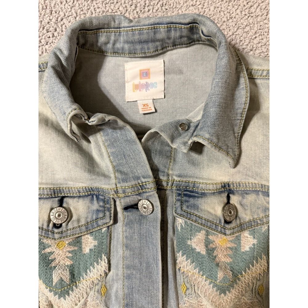 LulaRoe Denim Jacket Women's XS Embroidered Harvey Design Southwestern Aztec - Picture 4 of 11